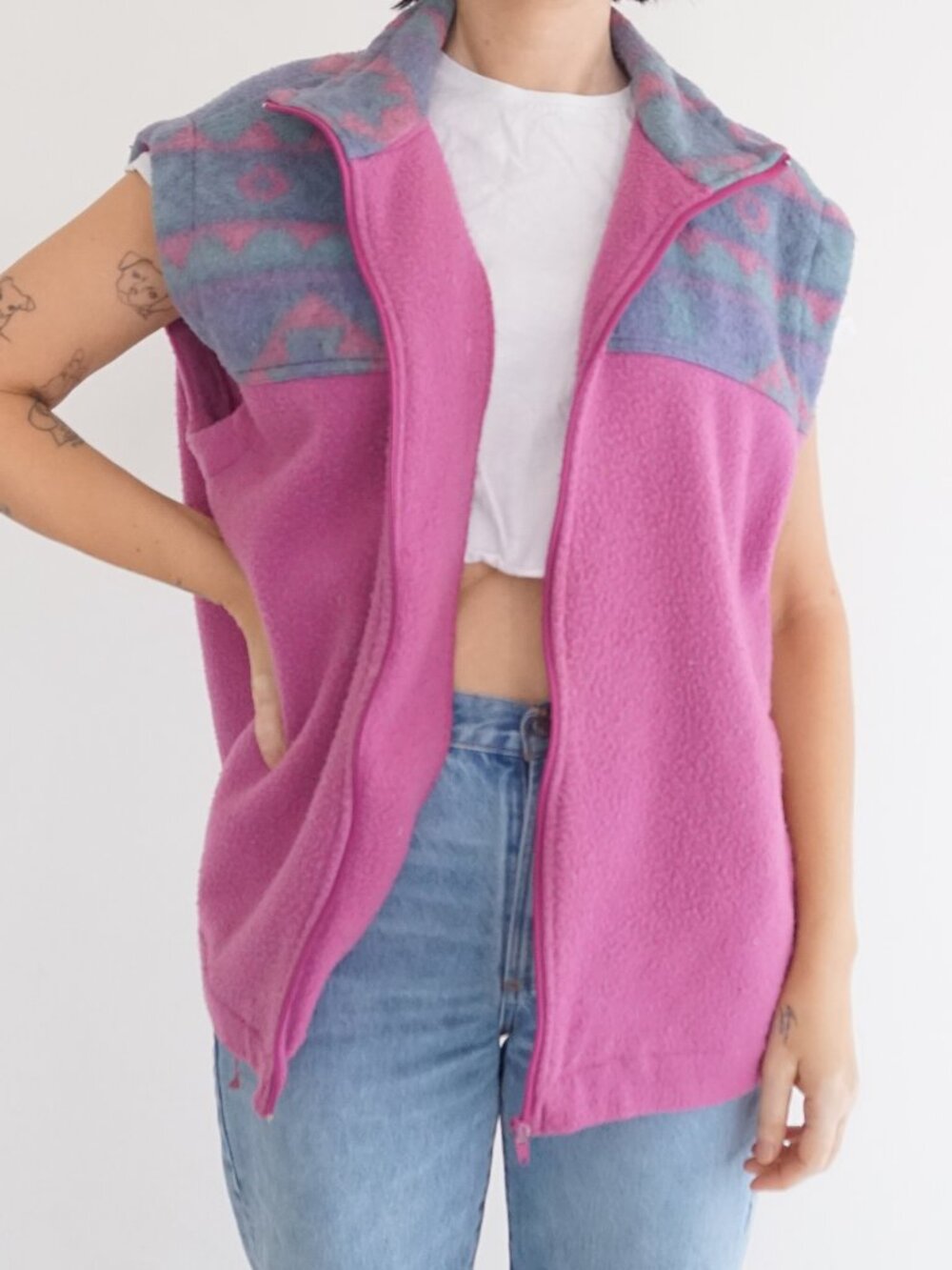 Vintage Milano Pink Blue Aztec Geometric Zip Front Fleece Vest Goprcore L